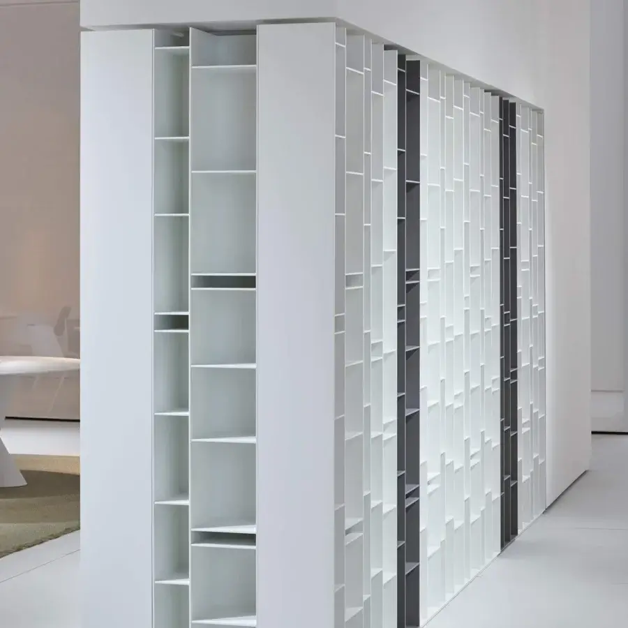 Elegant MDF Italia Random bookcase crafted in Italy with medium density wood fibre boards and melamine coating in white and gray