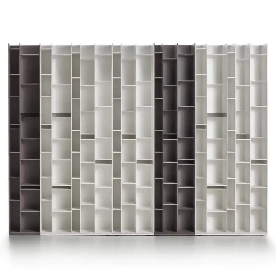 Exceptional MDF Italia Random bookcase with geometric lines in matte white medium density wood fibre boards and melamine-coated back