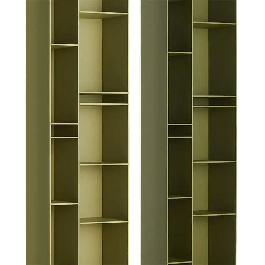 Exceptional MDF Italia Random bookcase with asymmetrical shelves built in matte olive green medium density wood fibre boards