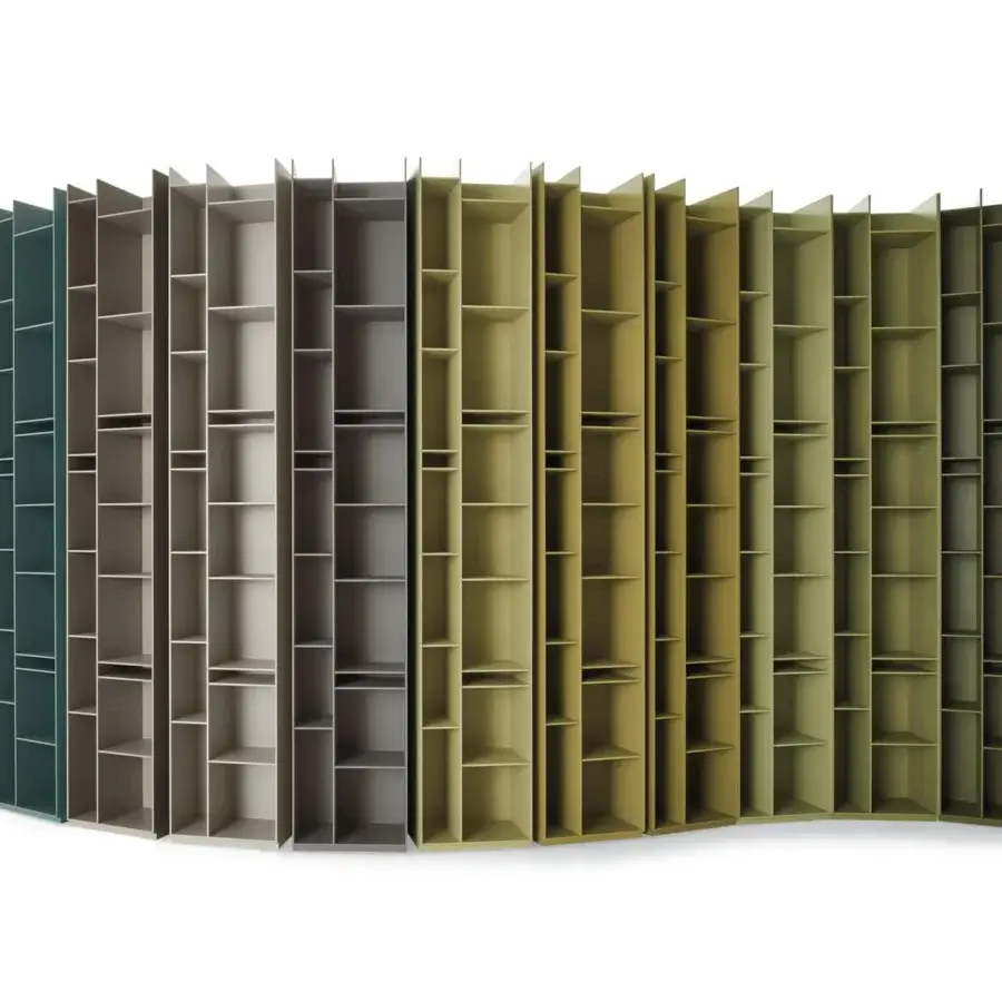 Superior MDF Italia Random bookcase with a gradient from teal to khaki tones in medium density wood fibre with a matte finish
