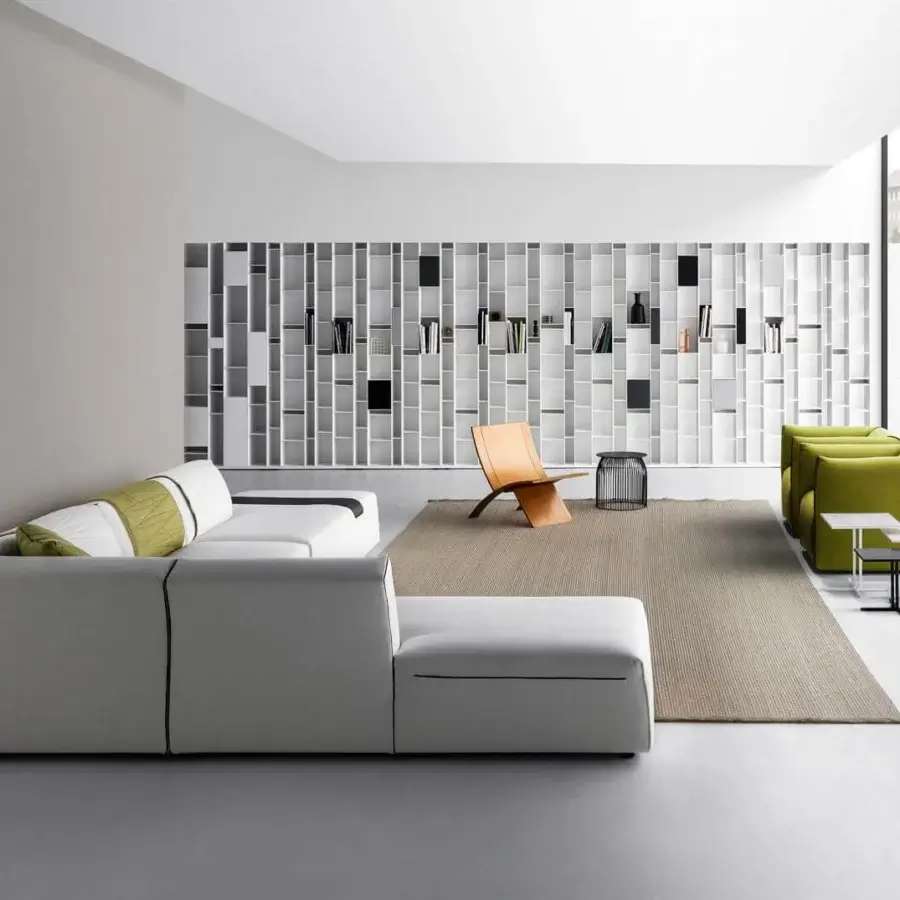 Innovative MDF Italia Random Wall Unit crafted in matte micro-goffered white medium-density wood fibre with an irregular shelving grid