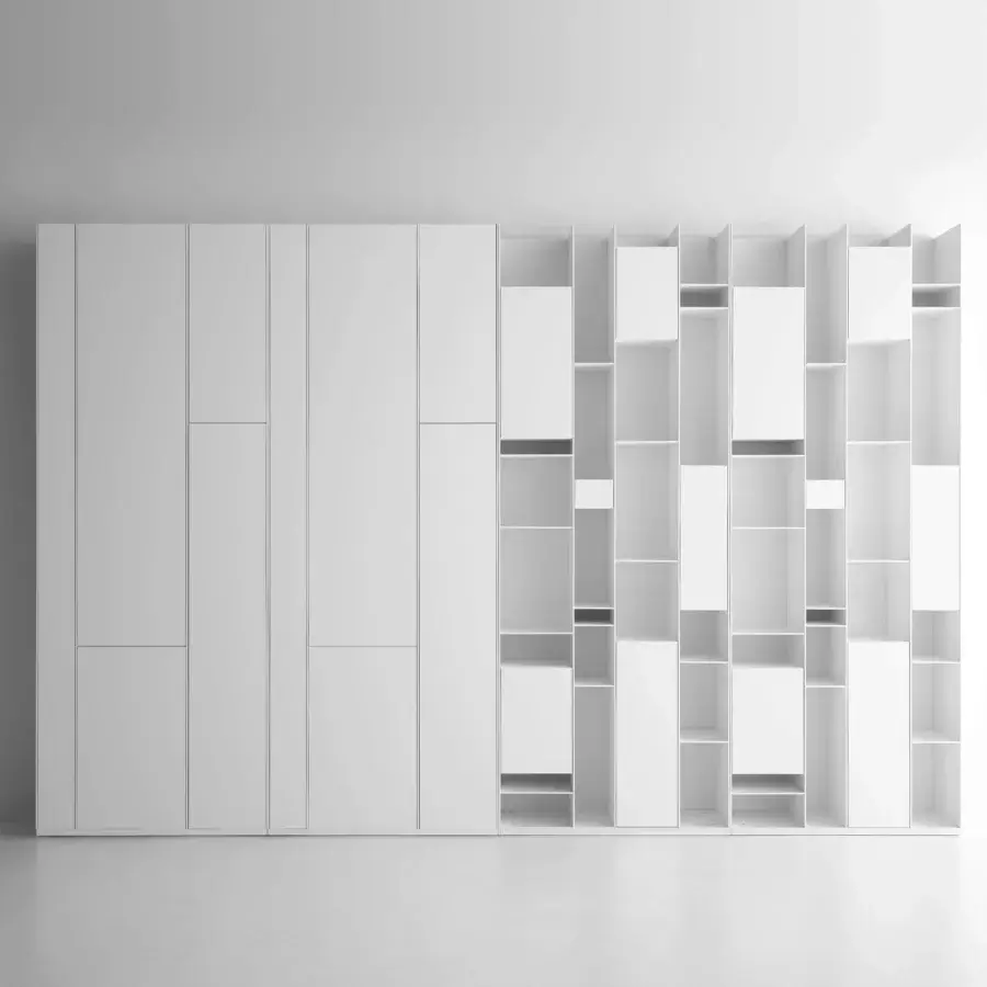 Elegant MDF Italia Random Wall Unit crafted in micro-goffered matte white lacquer with medium-density wood fiberboards and modular design