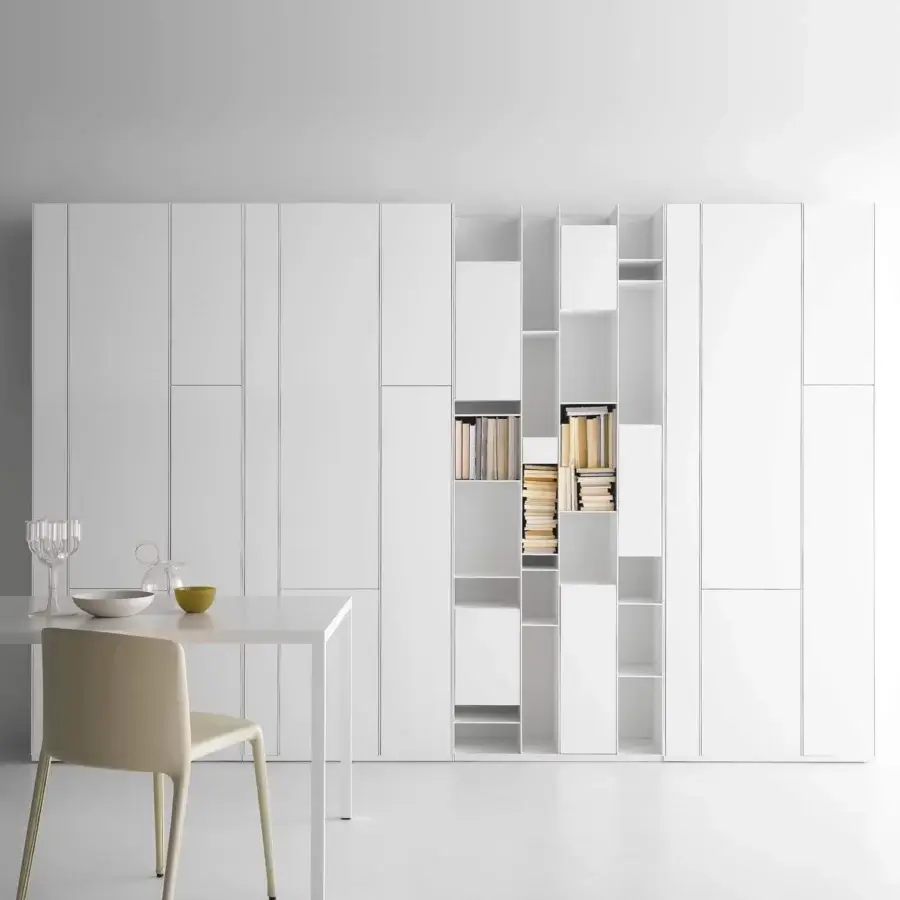 Superior MDF Italia Random Wall Unit built with medium-density wood fibre boards in white matte lacquer finish