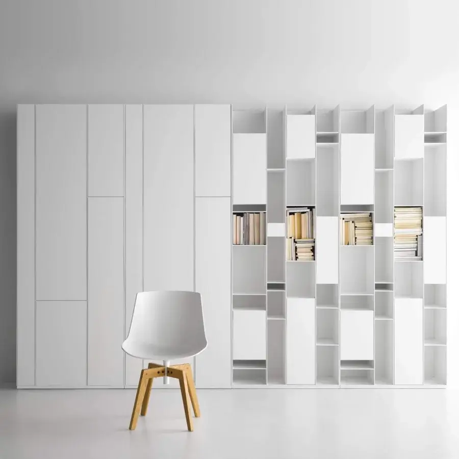 Innovative MDF Italia Random Wall Unit built with medium-density wood fibre boards in matte micro-goffered white lacquer