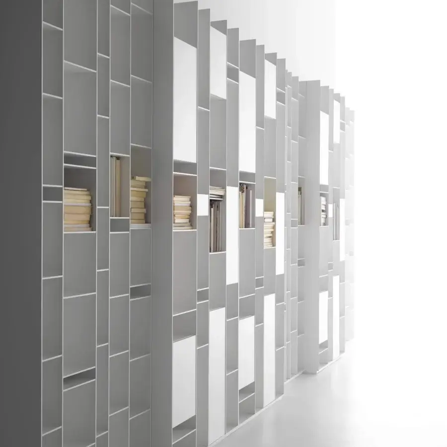 Distinguished MDF Italia Random Wall Unit crafted in matte micro-goffered white with medium-density wood fibre boards and light gray compartments