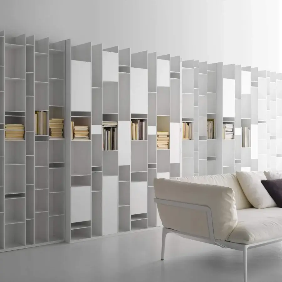 Elegant MDF Italia Random Wall Unit crafted in matt lacquered white medium-density wood fibre with a screen-like geometric silhouette