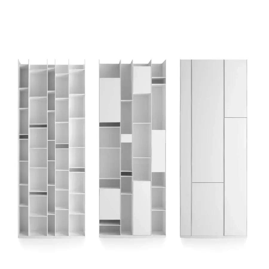 Innovative MDF Italia Random Wall Unit crafted in micro-goffered matte white with medium-density wood fibre boards for dynamic storage