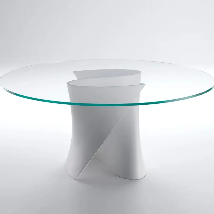 Innovative MDF Italia S table with sculptural Cristalplant® base in matt white and clear glass top