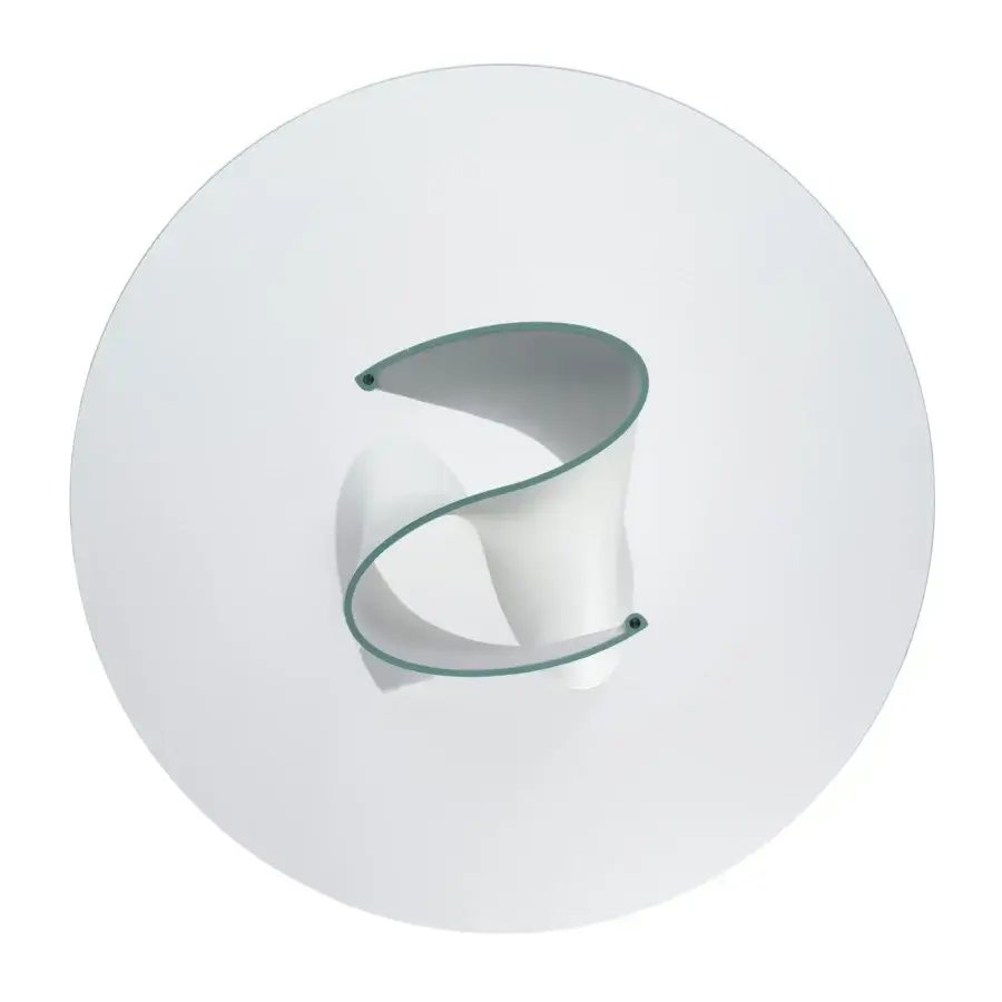 Exceptional MDF Italia S table with captivating spiraling base crafted in matte white Cristalplant® and smooth glass top