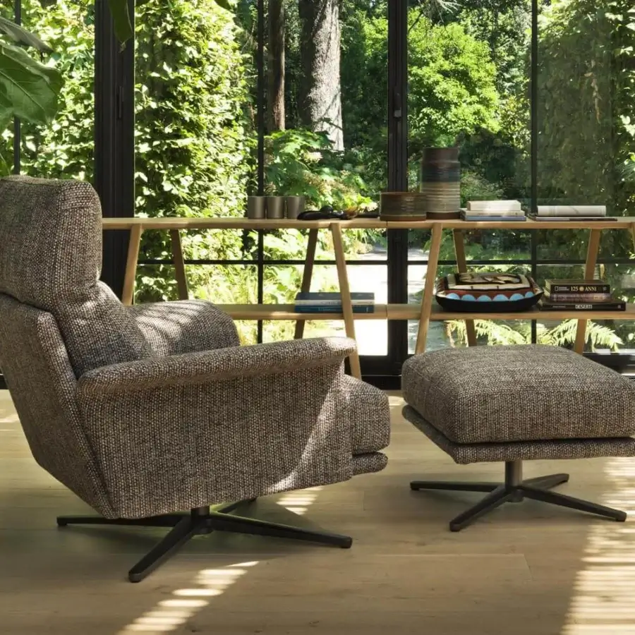 Superior Verzelloni Nilson lounge chair with ottoman in blended brown and grey tweed-like textile and matte aluminum base