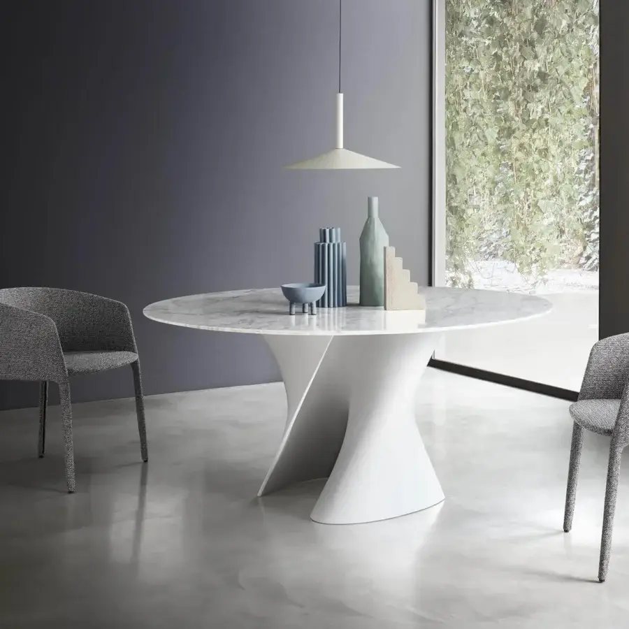 Innovative MDF Italia S table with sculpted Cristalplant® base and matt white Carrara marble tabletop