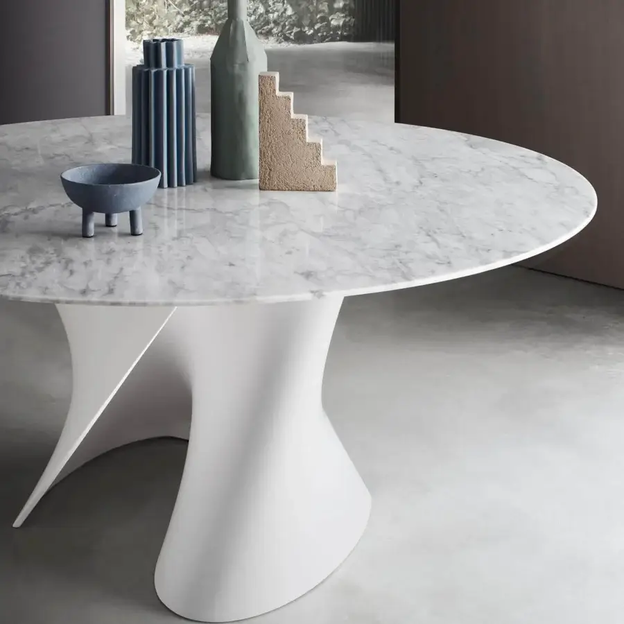 Exclusive MDF Italia S table with twisted Cristalplant® stand and white Carrara marble tabletop in matte finish