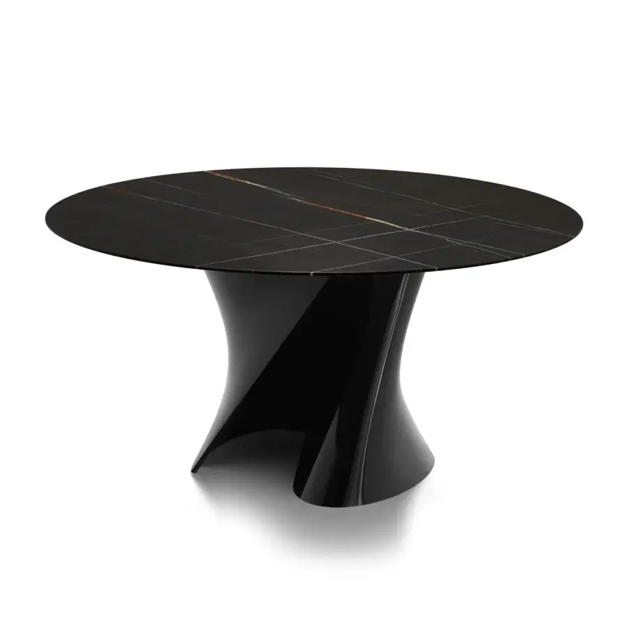 Distinctive MDF Italia S table with glossy black Ceramilux stand and reconstructed Ebony marble tabletop finish