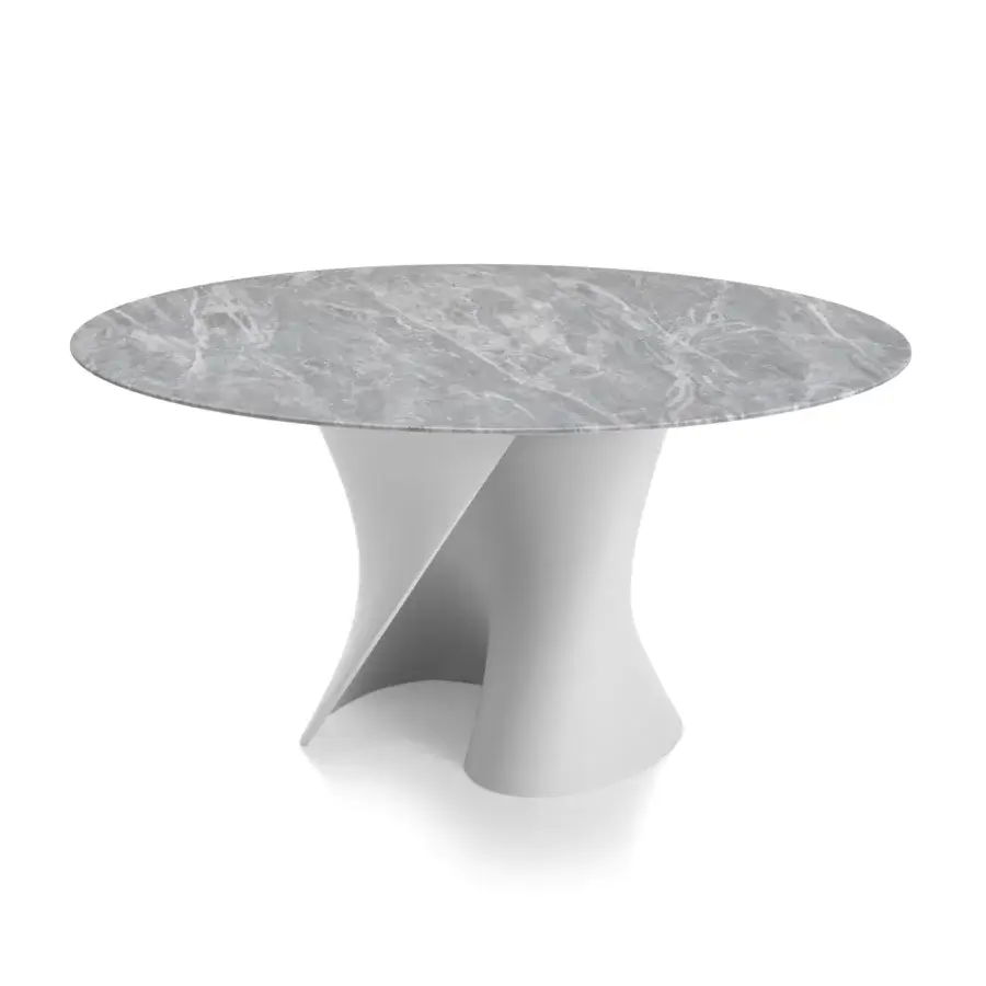 Captivating MDF Italia S table with sculpted pedestal base in matte white Cristalplant® and gray marble-like tabletop
