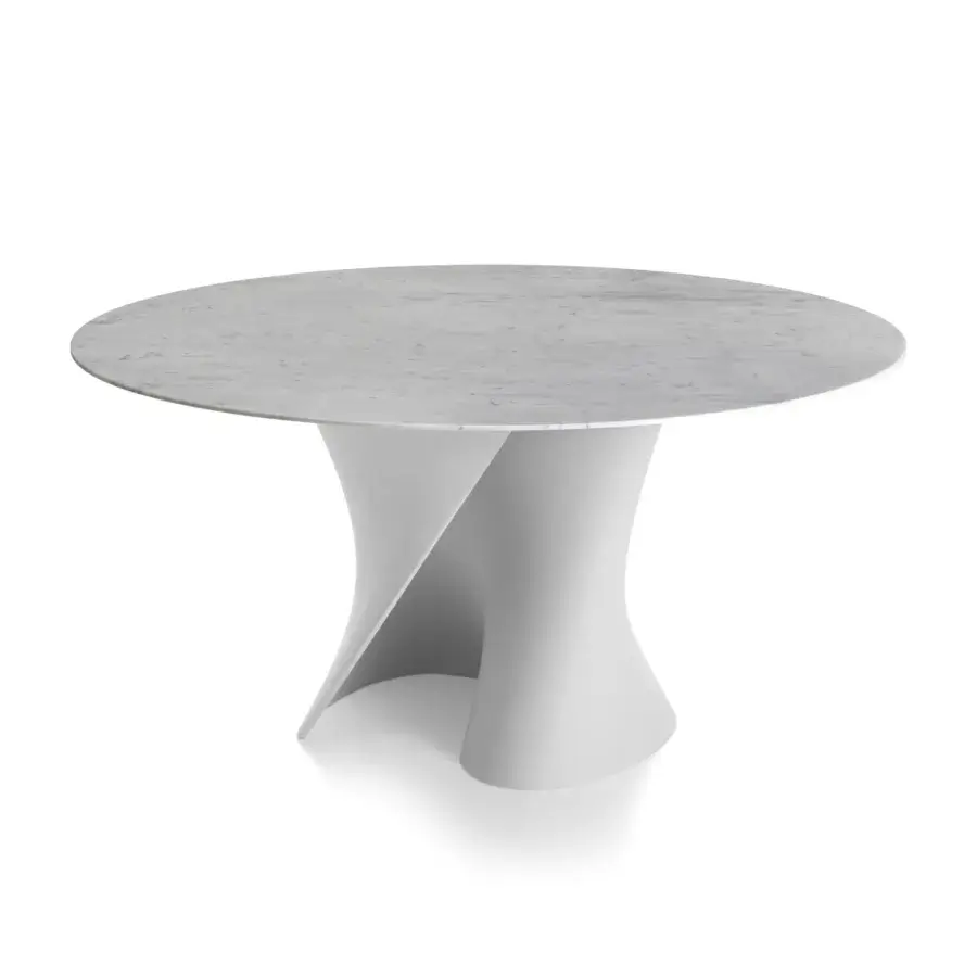 Innovative MDF Italia S table with a round Bardiglio marble tabletop in matt medium grey and twisting Cristalplant® base in matt white