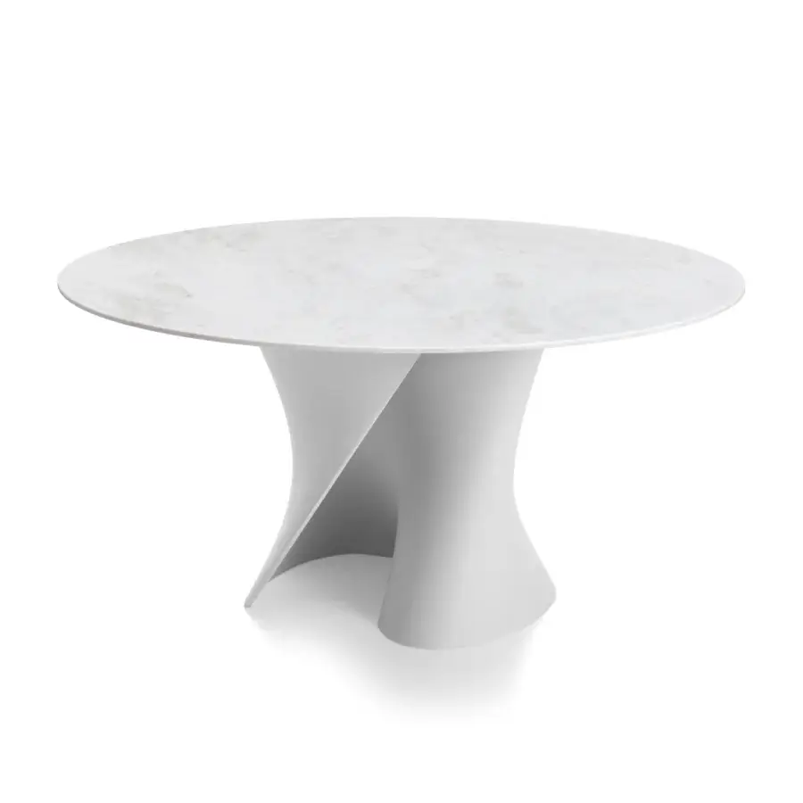 Superior MDF Italia S table with a circular Cristalplant® top and distinctive twisted stand in matt white finish