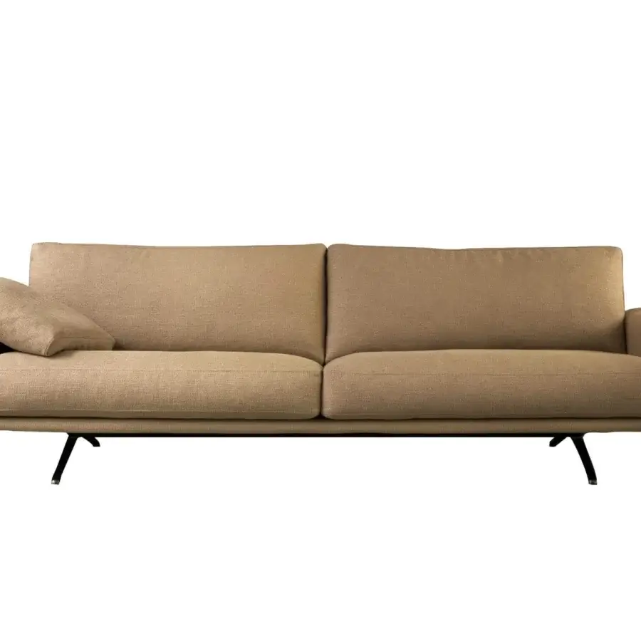 Superior Verzelloni Nilson sofa with curved armrests in matte light brown textile upholstery and slender legs