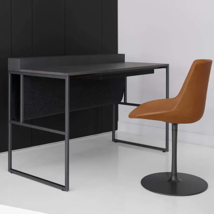 Distinguished MDF Italia 20.Venti Home desk with anthracite oak veneered medium density fibre panels and black nickel steel frame crafted with a Divina Melange cloth bag