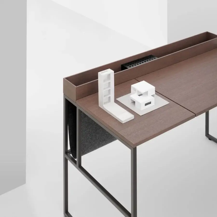 Superior MDF Italia 20.Venti Home desk with black nickel epoxy powder steel frame and anthracite oak veneered top crafted with Divina Melange cloth bag