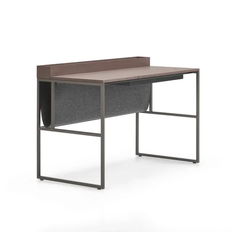 Distinguished MDF Italia 20.Venti Home desk with light brown oak veneer, dark gray steel, and a gray Divina Melange cloth bag built in