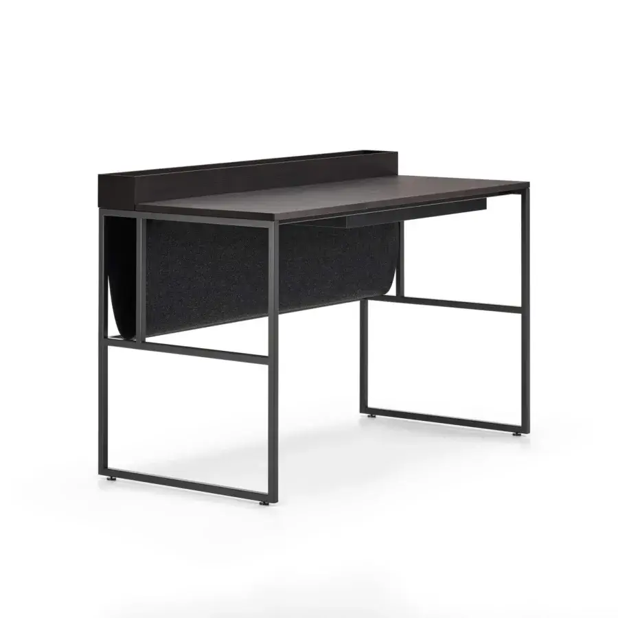 Elegant MDF Italia 20.Venti Home desk with oak veneered medium density fibre panel, dark anthracite finish and Divina Melange cloth bag