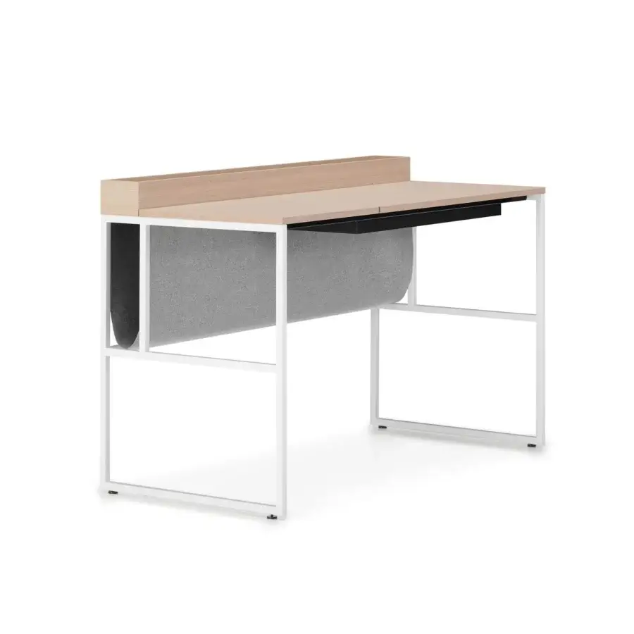 Exceptional MDF Italia 20.Venti Home desk with oak veneered tabletop and white epoxy powder coated steel frame, including Divina Melange cloth bag