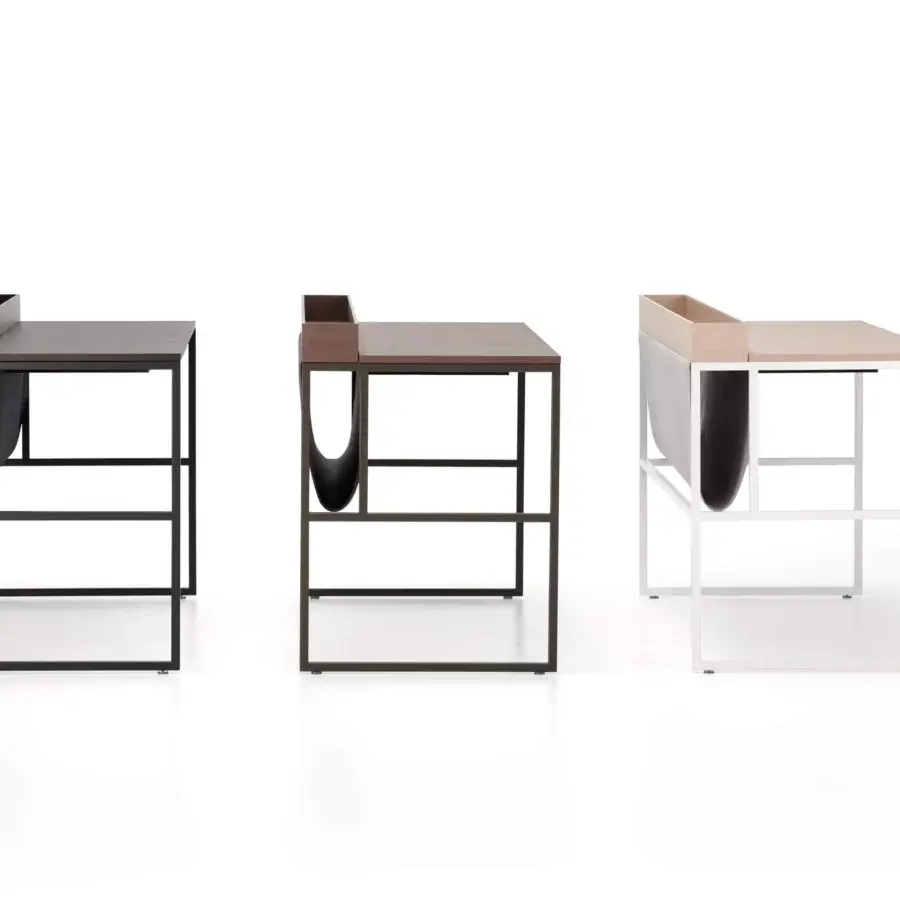 Superior MDF Italia 20.Venti Home desk with oak veneered tabletop, white steel frame and dark gray Divina Melange cloth bag in brushed finish
