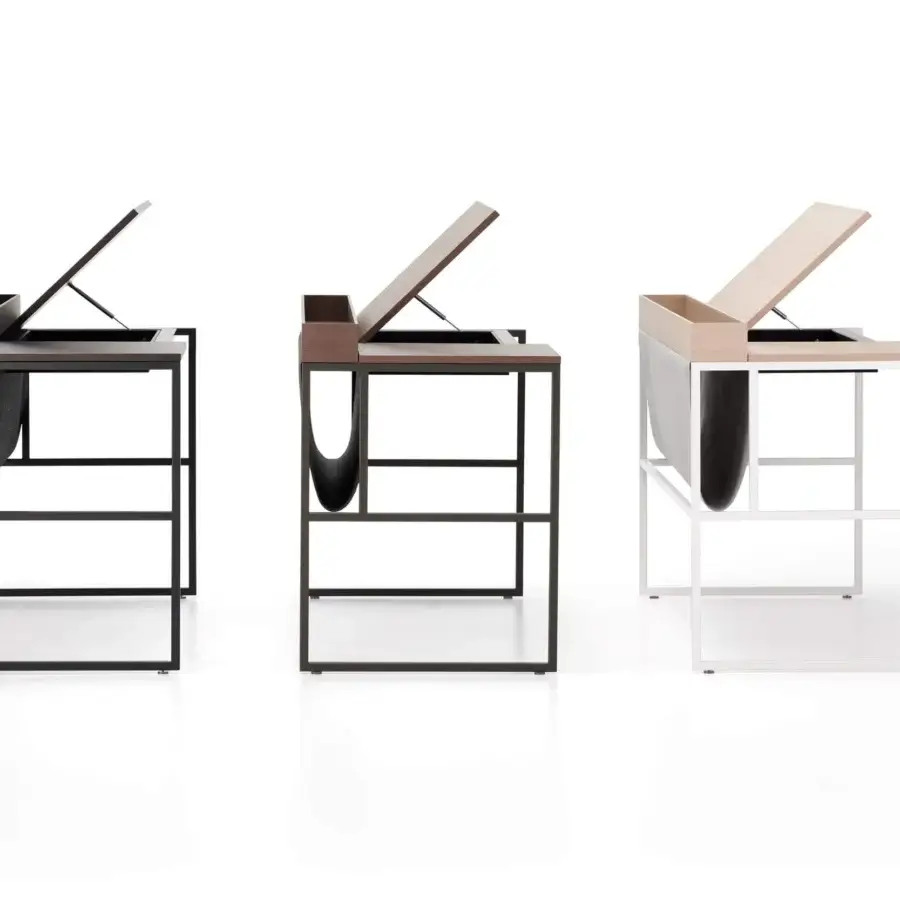 Distinguished MDF Italia 20.Venti Home desk with oak veneered panels, white steel frame and gray Divina Melange cloth bag in a brushed finish