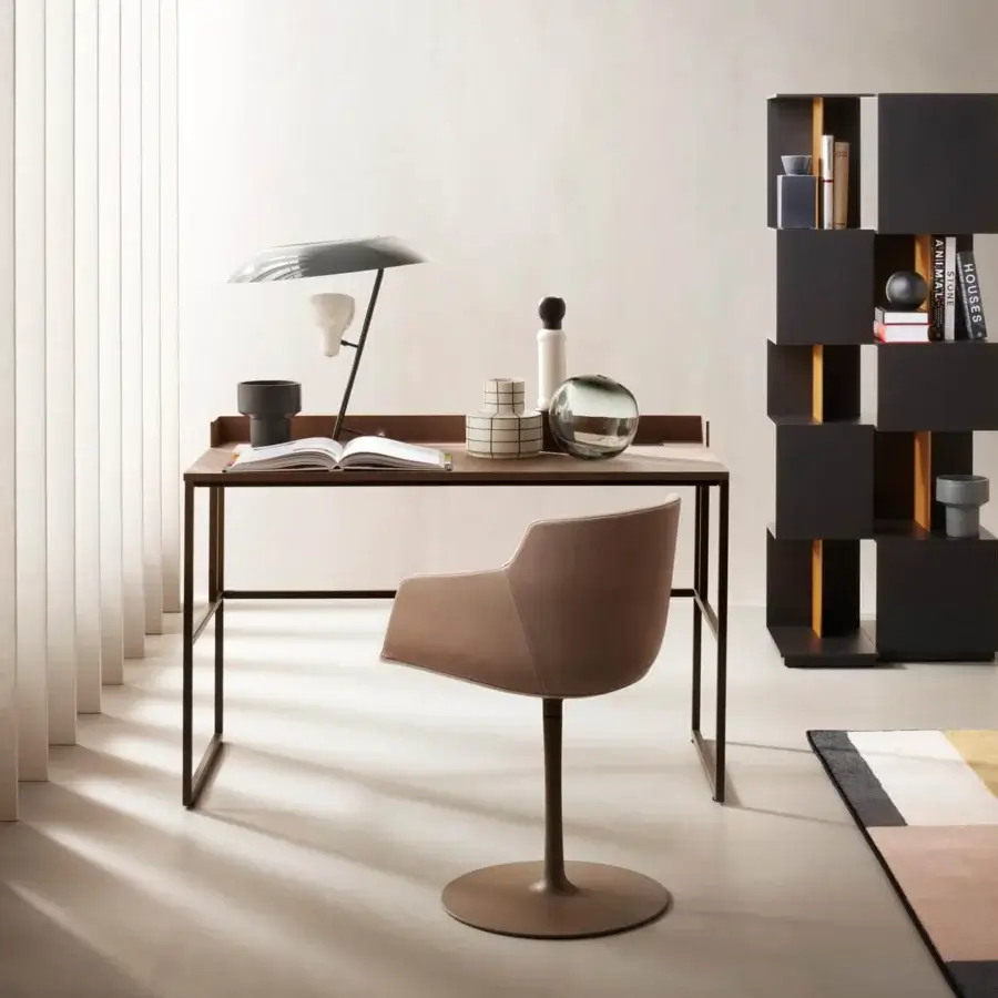 Elegant MDF Italia 20.Venti Home desk with oak veneered medium density fibre panel and brushed epoxy powder coated steel frame