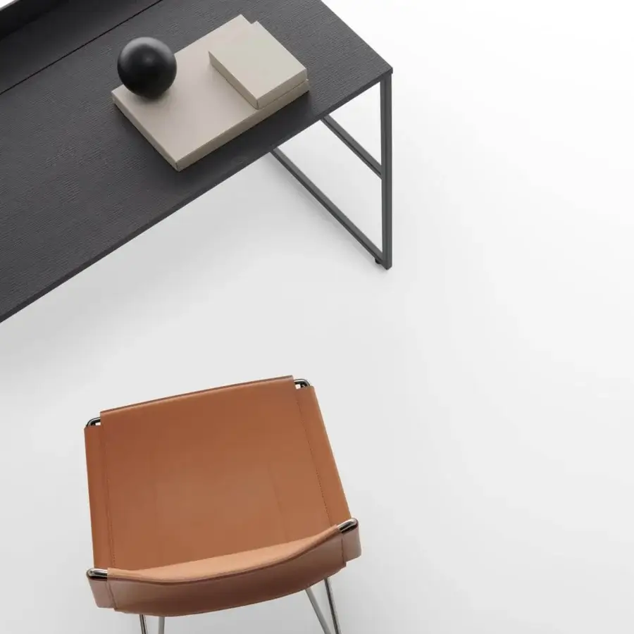 Elegant MDF Italia 20.Venti Home desk with anthracite oak veneered medium density fibre panels and black nickel steel frame crafted with brushed finish