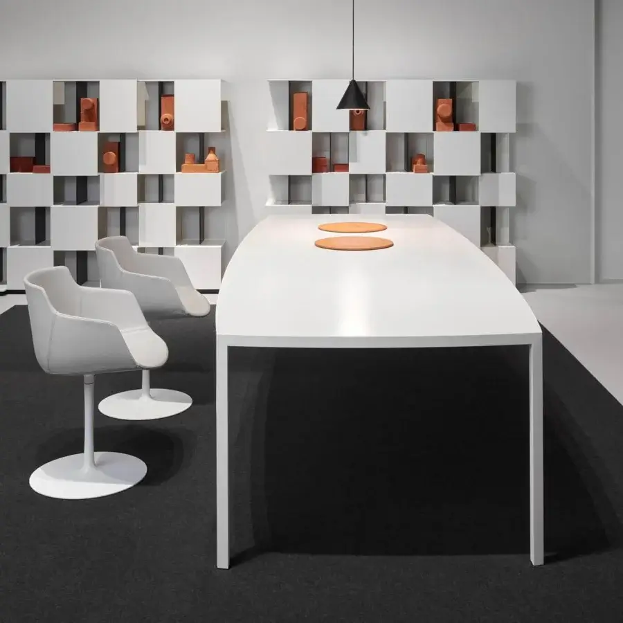 Sophisticated MDF Italia Tense Curve table with elongated oval tabletop in glossy white resin and slender white steel legs