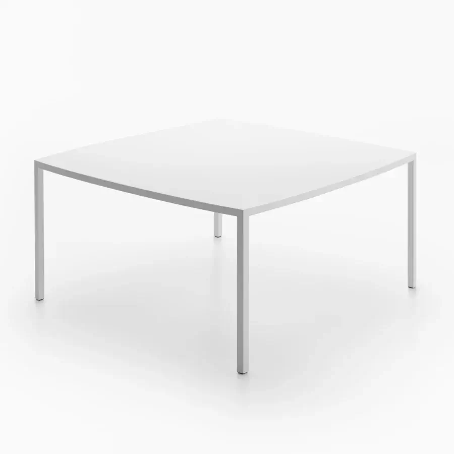 Superior MDF Italia Tense Curve table crafted in white resin with slender square steel legs and uniform matte finish