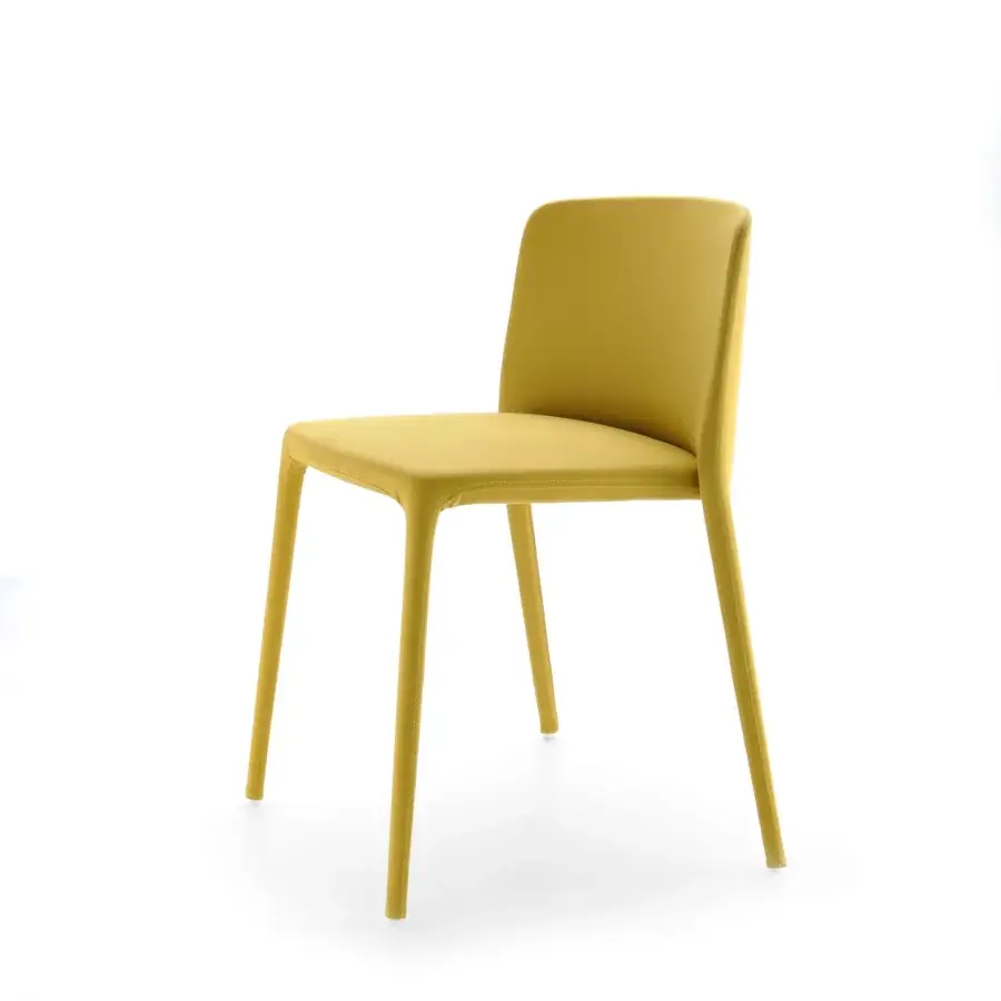 Sophisticated MDF Italia Achille chair built with smooth mustard yellow textile upholstery and metal tubing frame