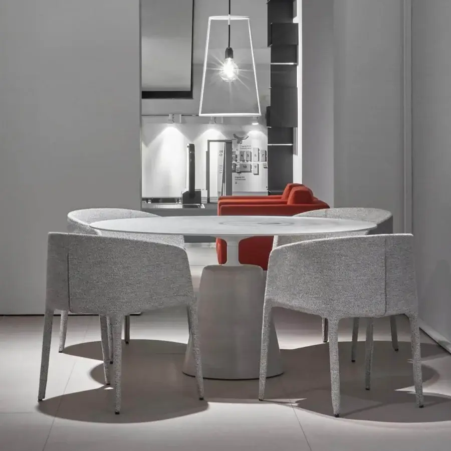 Superior MDF Italia Achille armchair crafted in light gray fabric with textured matte finish and metal tubing frame