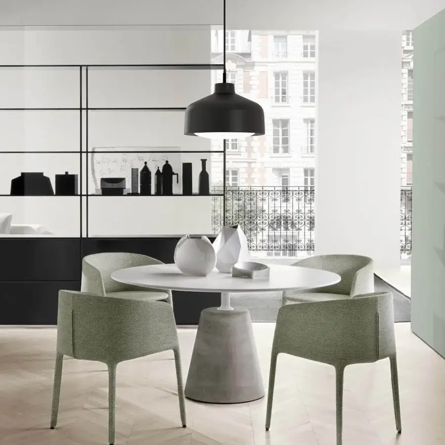 Distinguished MDF Italia Achille armchair with light green textured textile upholstery and metal tubing frame