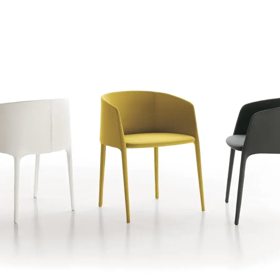 Distinguished MDF Italia Achille armchair with light lines, mustard yellow textile upholstery and metal tubing frame built with polyurethane rubbers