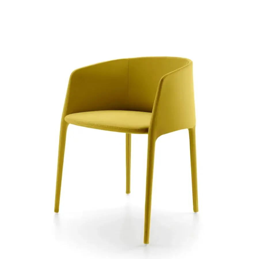Elegant MDF Italia Achille armchair with fully upholstered design and smooth mustard yellow textile covering a metal tubing frame