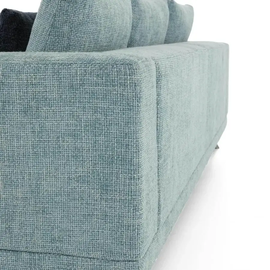 Distinguished Presotto San Marino sofa with light blue textured fabric upholstery and peltro varnished metal feet