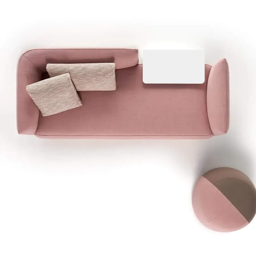 Distinguished MDF Italia Cosy sofa with muted rose textile and solid wood bearing frame offering high comfort with removable polyester wadding