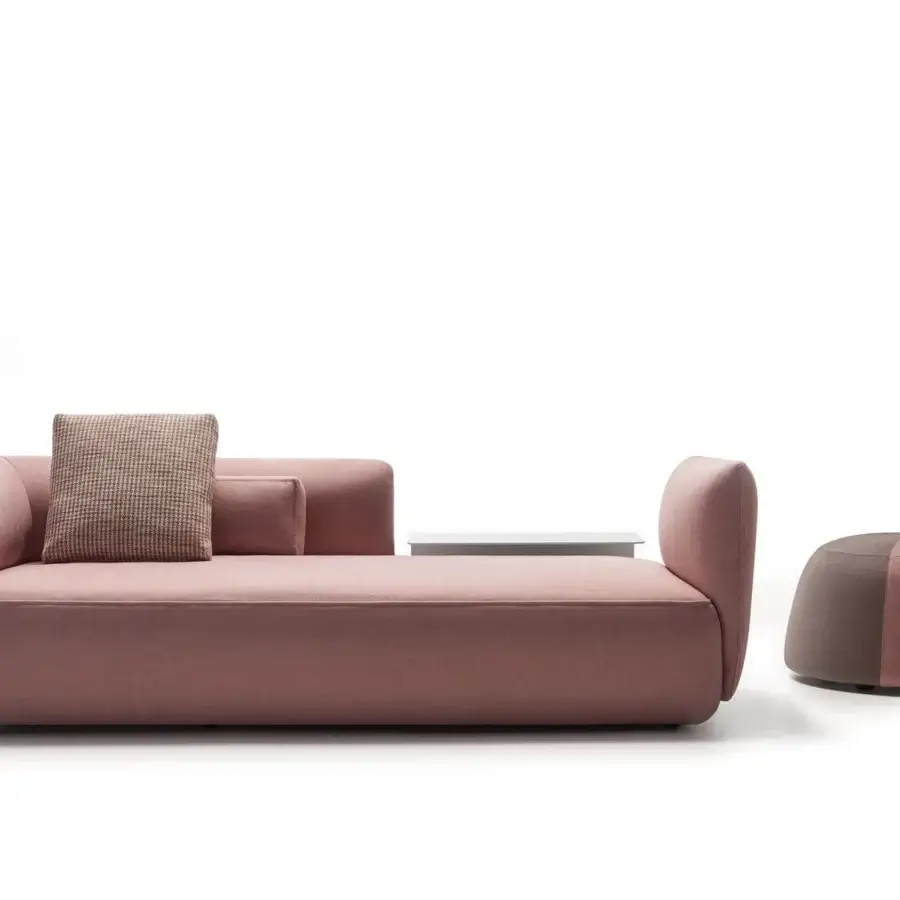 Exceptional MDF Italia Cosy sofa with comfortable muted rose textile and multilayer wood bearing frame, including matching ottoman