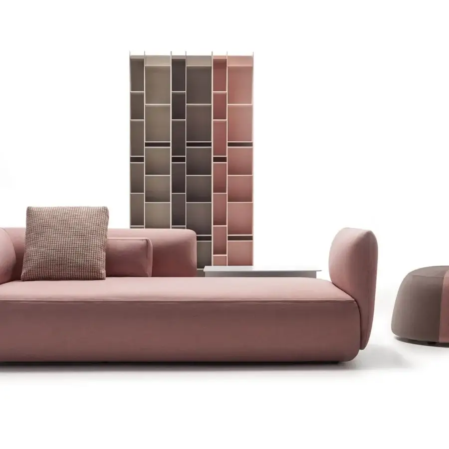 Lavish MDF Italia Cosy sofa with comfortable muted rose fabric and two-tone brown ottoman built with solid wood framing