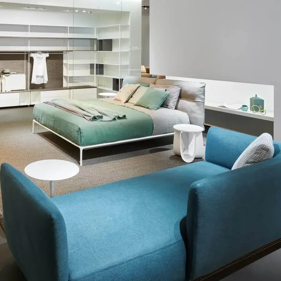 Superior MDF Italia Cosy sofa with refined blue fabric upholstery and geometric silhouette built with a solid wood frame