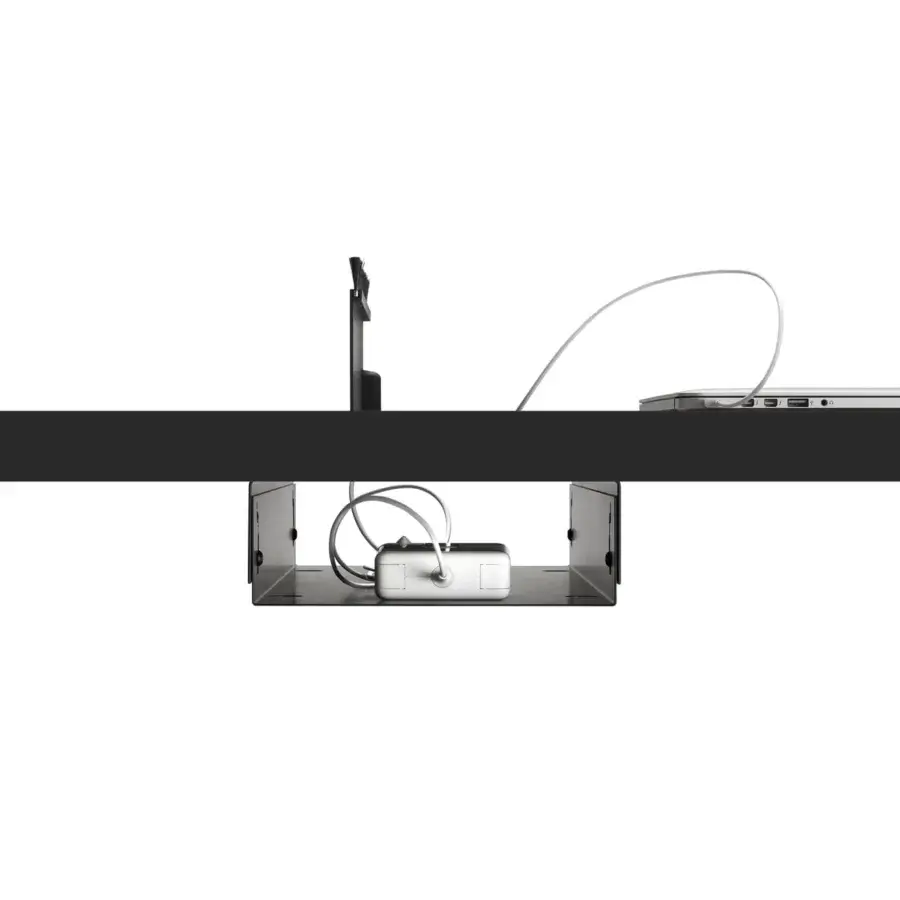 Innovative MDF Italia Tense conference table in dark tones with concealed cable management and a remarkably flat tabletop