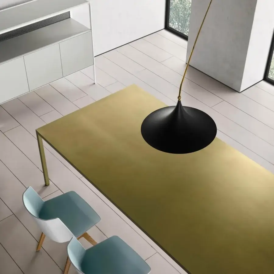 Distinguished MDF Italia Tense table crafted with brass plate and transparent acrylic in matt brushed finish