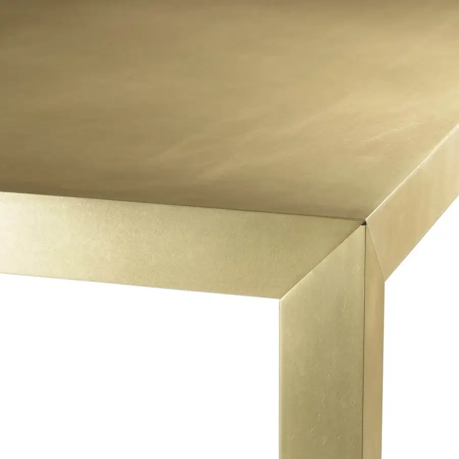 Elegant MDF Italia Tense table with square tabletop and angular leg crafted in brass plate with transparent acrylic cover and matte brushed finish