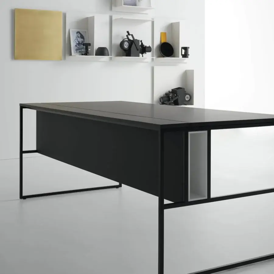 Elegant MDF Italia 20.Venti desk with black Fenix NTM laminate top and graphite grey steel frame in matte epoxy powder finish