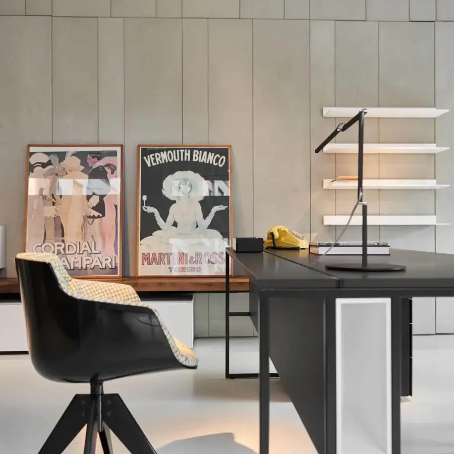 Avant-garde MDF Italia 20.Venti desk with black Fenix NTM laminate top and graphite grey epoxy powder-coated steel frame in matte finish