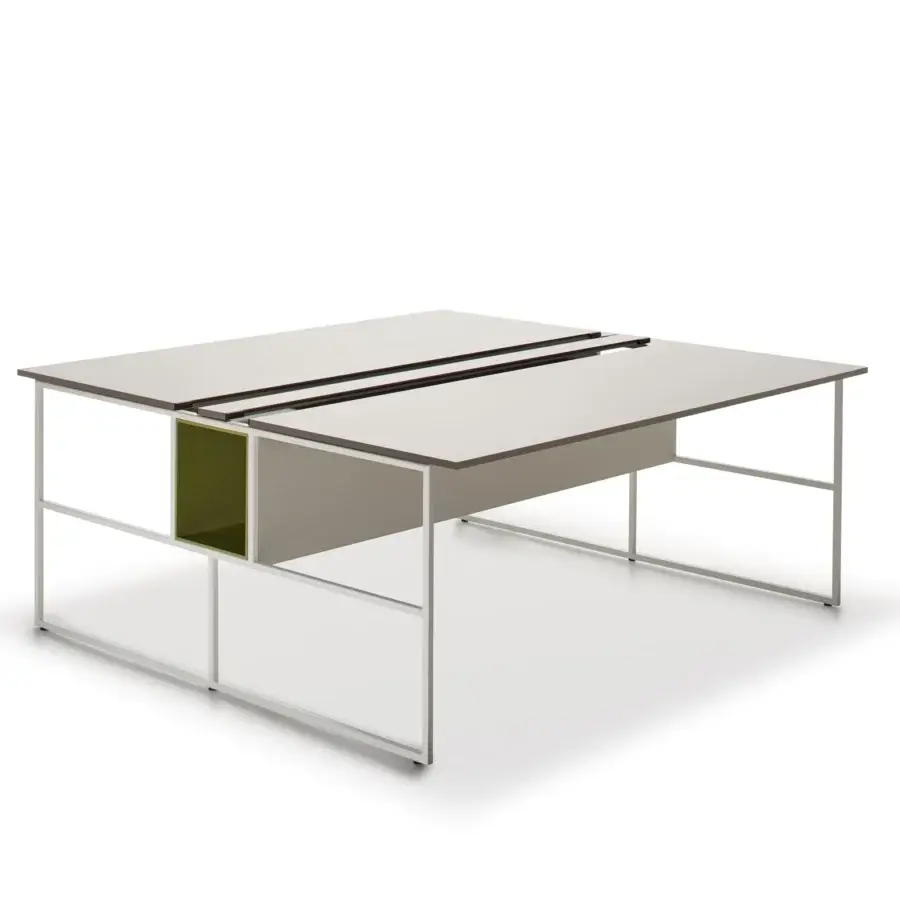 Superior MDF Italia 20.Venti workstation in light gray Fenix NTM laminate with white epoxy powder-coated steel and medium gray wireway
