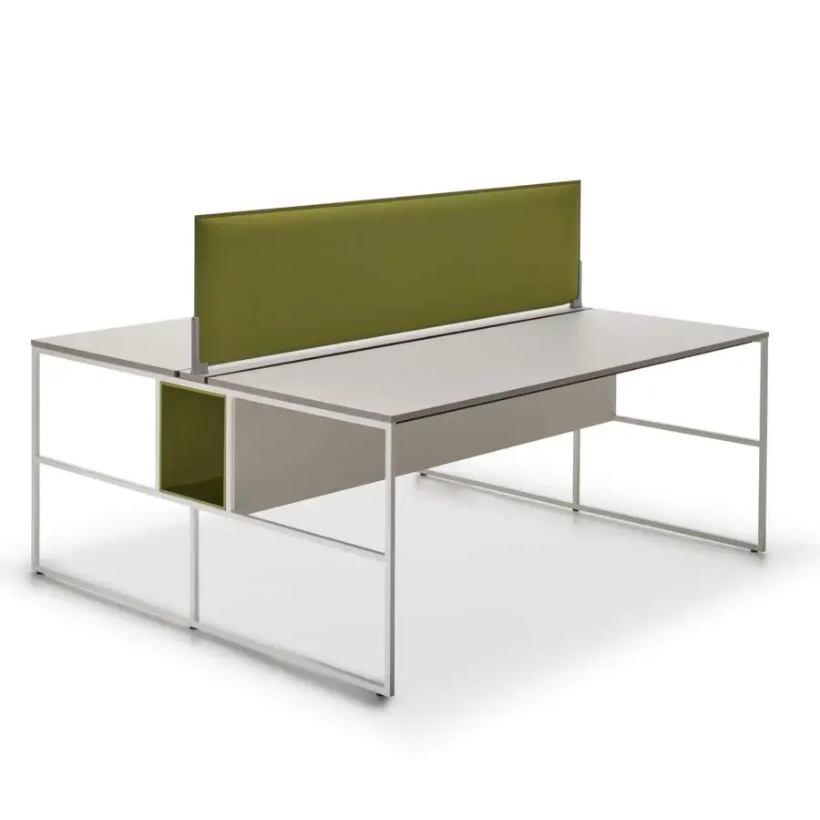 Distinguished MDF Italia 20.Venti workstation in light gray Fenix NTM laminate with white epoxy powder-coated steel and a green partition panel