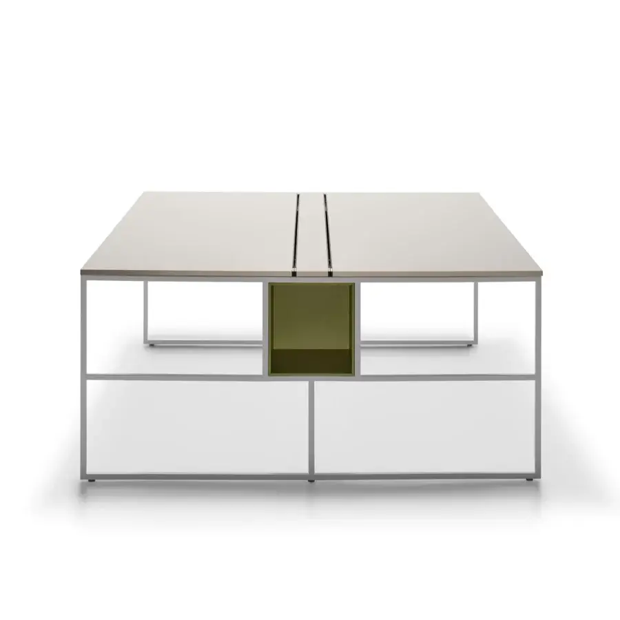 Elegant MDF Italia 20.Venti workstation in light grey Fenix NTM laminate with a matte graphite grey steel frame and olive green fibreboard storage